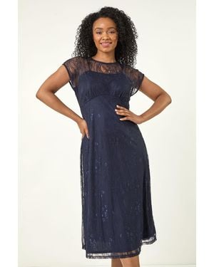Roman Petite Lace Stretch Midi Dress - Blue