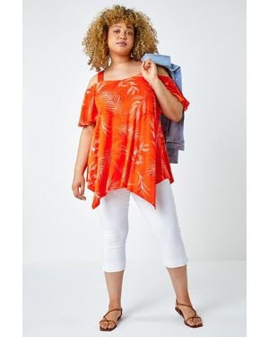 Roman Curve Leaf Print Cold Shoulder Top - Red