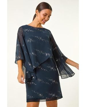 Roman Sequin Embellished Asymmetric Overlay Dress - Blue