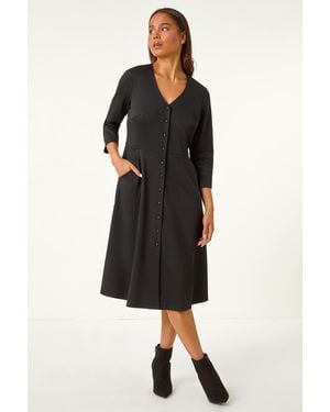 Roman Petite V-Neck Button Detail Stretch Dress - Black
