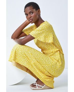 Roman Ditsy Print Frill Waist Midi Dress - Yellow
