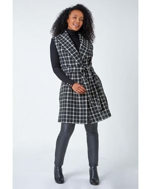 Roman Petite Sleeveless Belted Check Coat - Blue