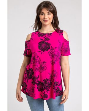 Roman Curve Floral Print Cold Shoulder Jersey Top - Pink