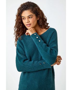 Roman Button Sleeve Fluffy Longline Jumper - Blue