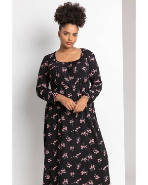 Roman Curve Floral Print Square Neck Midi Dress - Pink