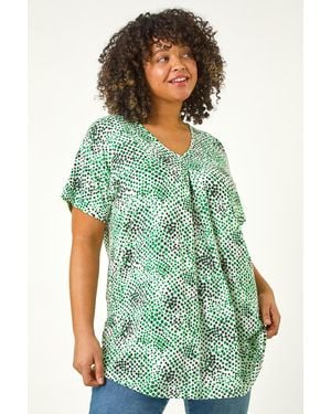 Roman Curve Spotted Leaf Print Stretch Top - Green