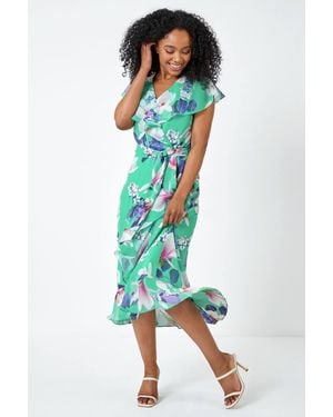 Roman Petite Floral Frill Hem Chiffon Dress - Blue