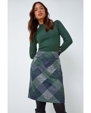 Roman Check Print Pocket Stretch A Line Skirt - Green