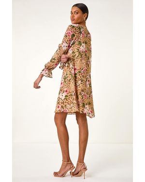 Roman Floral Animal Print Frill A-Line Dress - Natural