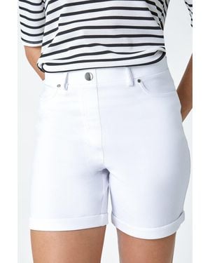 Roman Stretch Elastic Waist Turn Up Shorts - White