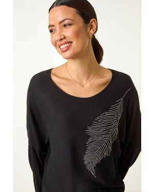 Roman Hotfix Feather Stretch Knit Top - Black