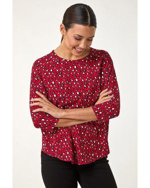 Roman Animal Print Raglan Sleeve Stretch Top - Red