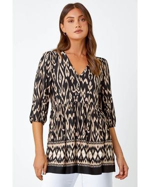 Roman Aztec Print V-Neck Stretch Tunic Smock Top - Metallic