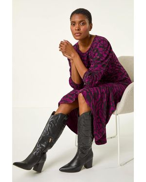 Roman Abstract Print Gathered Stretch Midi Dress - Purple