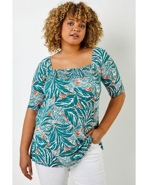 Roman Curve Tropical Print Shirred Detail Tunic Top - Green