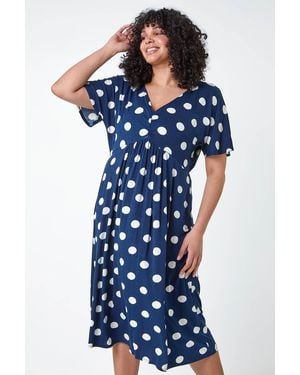 Roman Curve Ruched Front Polka Dot Dress - Blue