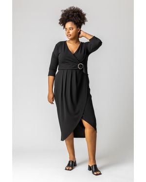 Roman Curve Buckled Belt Ruched Wrap Dress - Black