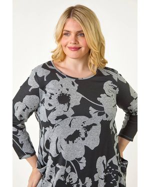 Roman Curve Floral Print Pocket Tunic Top - Grey