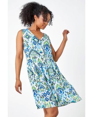 Roman Petite Aztec Print Tunic Shirt Dress - Blue