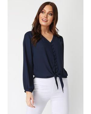 Roman Button Tie Front Blouse - Blue