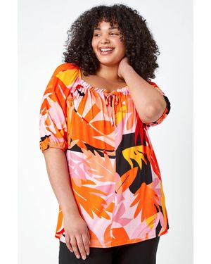 Roman Curve Floral Stretch Jersey Top - Orange