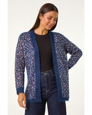Roman Mosaic Print Fluffy Longline Cardigan - Blue