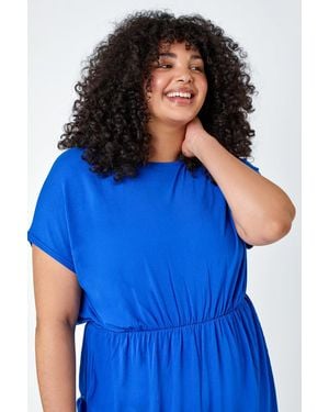 Roman Curve Shirred Waist Tunic Top - Blue