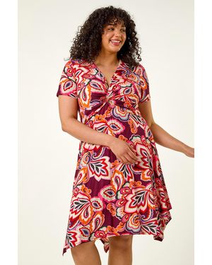 Roman Curve Floral Print Twist Front Dress - Red