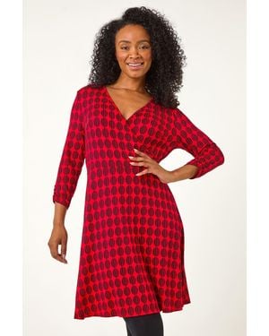 Roman Petite Geometric Print Wrap Stretch Dress - Red