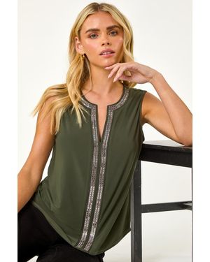 Roman Petite Stretch Sparkle Trim Top - Green