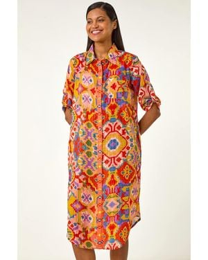 Roman Ikat Button Shirt Dress - Orange