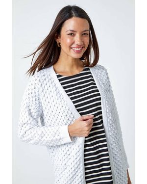 Roman Cotton Blend Waffle Knit Cardigan - White