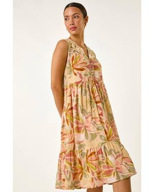Roman Leaf Print Lace Detail Smock Dress - Metallic