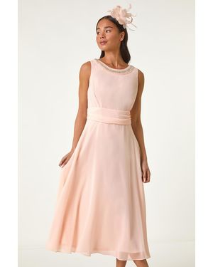 Roman Petite Trim Detail Ruched Midi Dress - Pink
