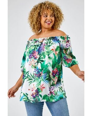 Roman Curve Tropical Print Bardot Top - White
