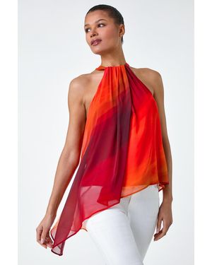 Roman Halterneck Ombre Print Asymmetric Chiffon Top - Red