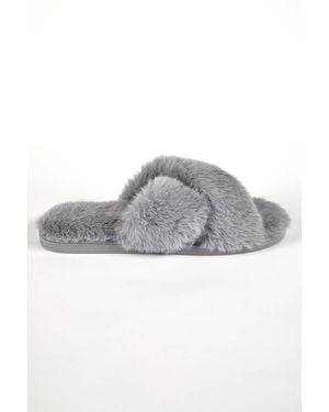 Roman Cross Over Faux Fur Mule Slipper - Grey