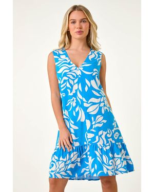 Roman Petite Print Cut Out Back Tiered Dress - Blue