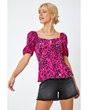 D.u.s.k Animal Print Tie Neck Peplum Top - Pink