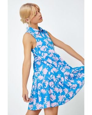 D.u.s.k Sleeveless Floral Frill Hem Shirt Dress - Blue