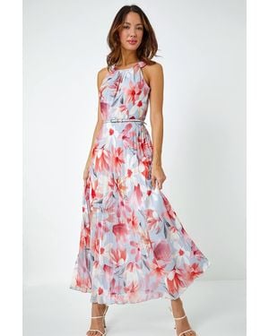 Roman Floral Pleated Halterneck Maxi Dress - White