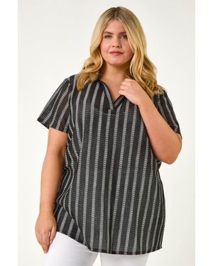 Roman Curve Stripe Collared Knit Top - Black