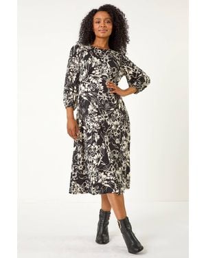 Roman Petite Floral Stretch Midi Dress - Black