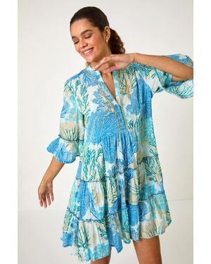Roman Cotton Printed Frill Smock Dress - Blue