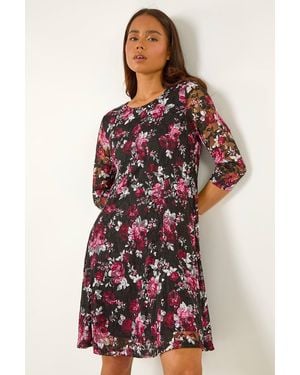 Roman Petite Floral Print Lace Stretch Dress - Red