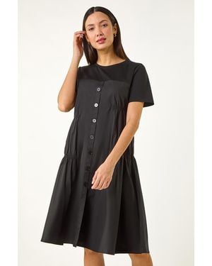 Roman Gathered Mix Smock Dress - Black