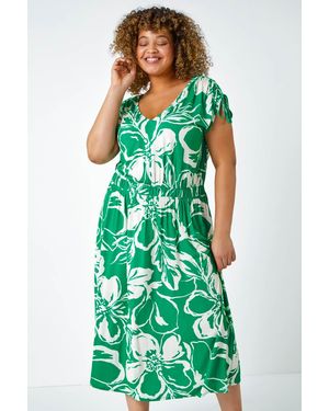 Roman Curve Floral Print Ruched Stretch Midi Dress - Green