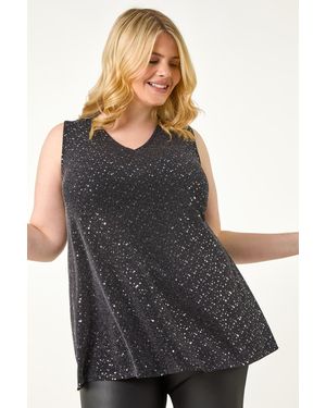 Roman Curve Sparkle Vest Stretch Top - Black