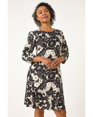 Roman Petite Floral Print Stretch Dress - Black
