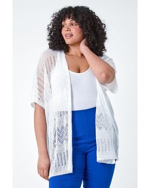 Roman Curve Pointelle Knit Stretch Cardigan - White
